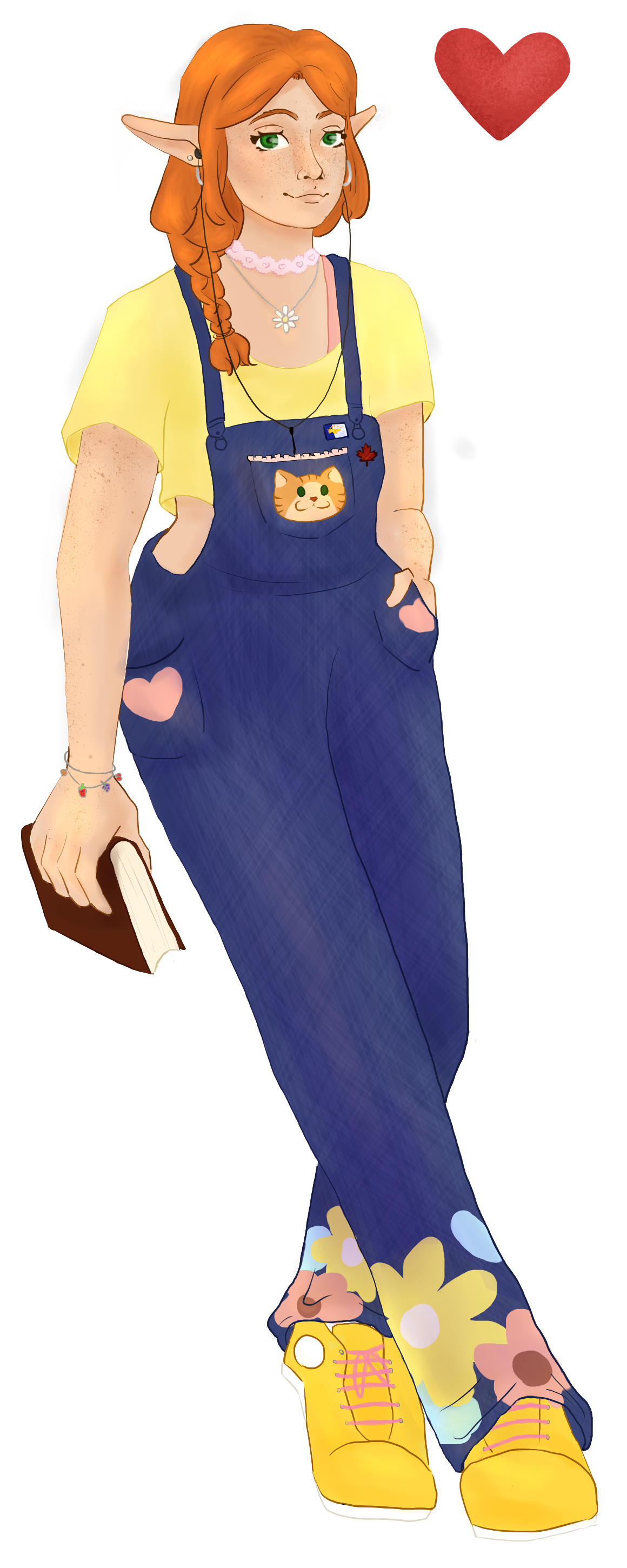 A picture of my online persona. An elf woman with white freckled skin, green eyes and long braided ginger hair. She's wearing denim overalls over a yellow crop top t-shirt.